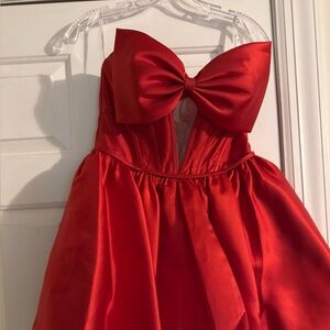 Sherri Hill Girls Red Satin Party Dress with Statement Bow
